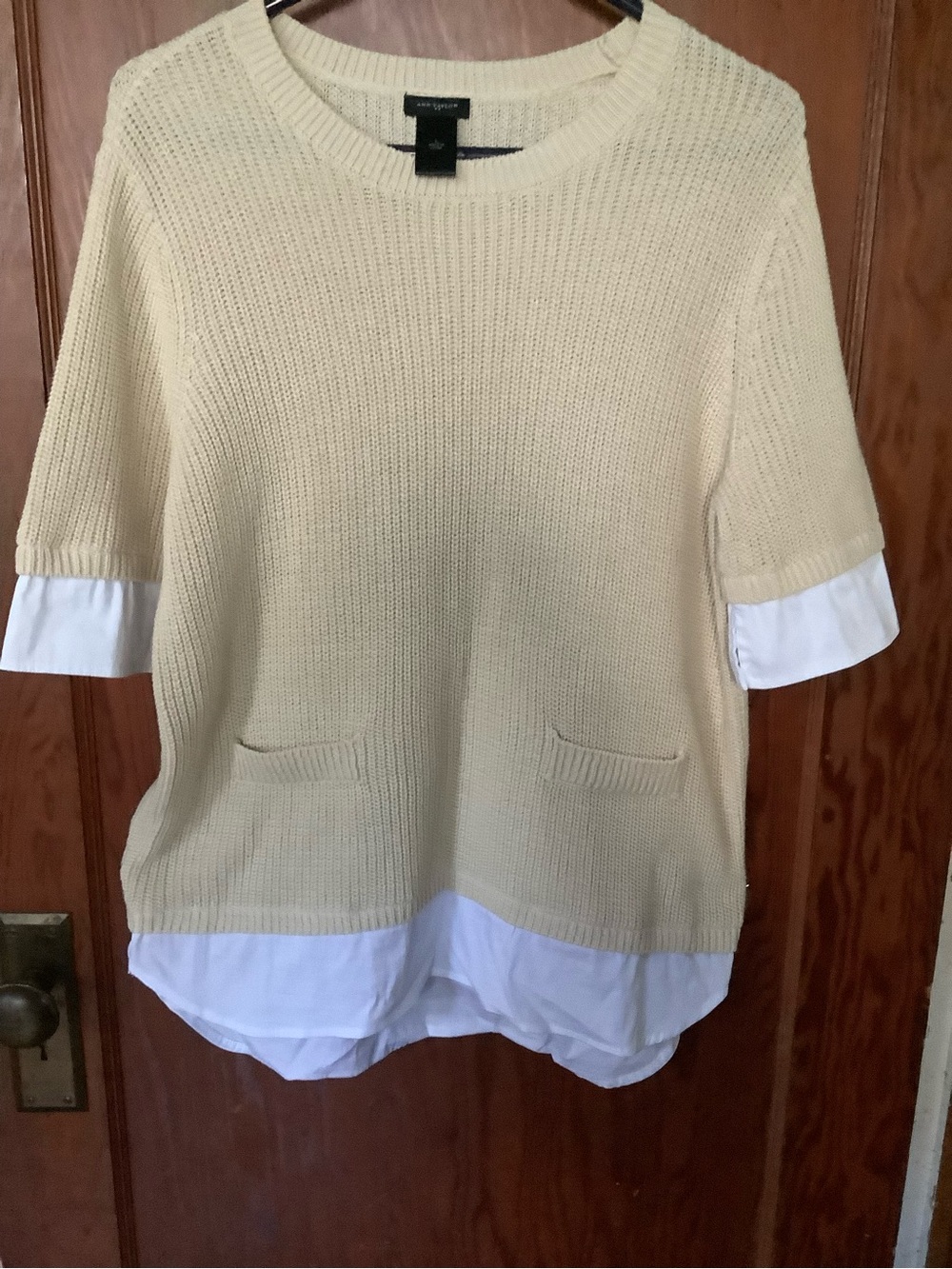 Ann Taylor Cream Knit Crewneck Sweater with White Shirt-Style Hem